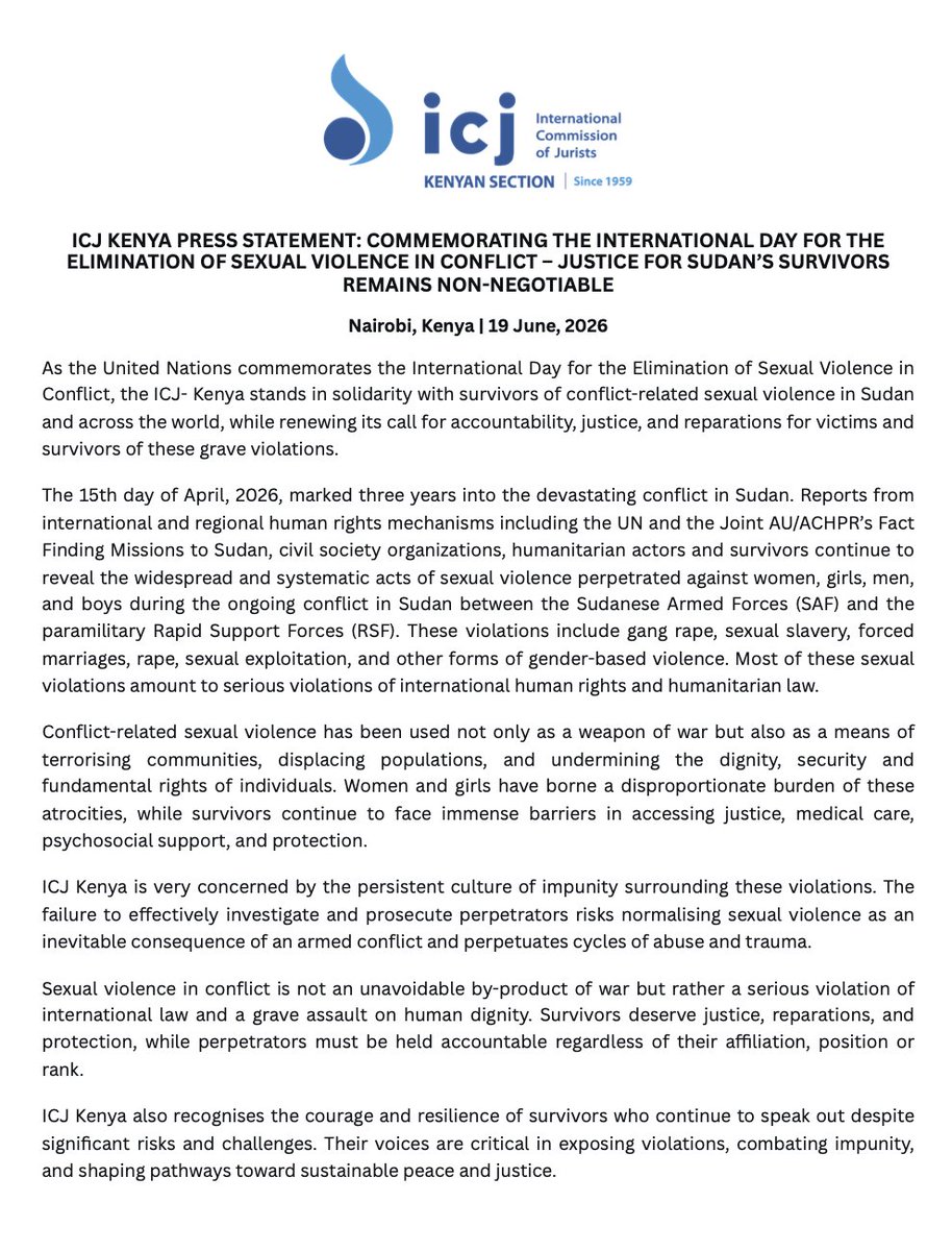 ICJKenya's tweet photo. We call for urgent action to end impunity and deliver justice for survivors of sexual violence in Sudan.

Read our full statement: https://t.co/Ae2PWMAuJL

@utu_wetu @IJM @Grace_Agenda @covaw @HakiKNCHR @thekhrc @PHRKenya @IMLU_org

#SurvivorsRightsMatter https://t.co/xNHlr8BvsT