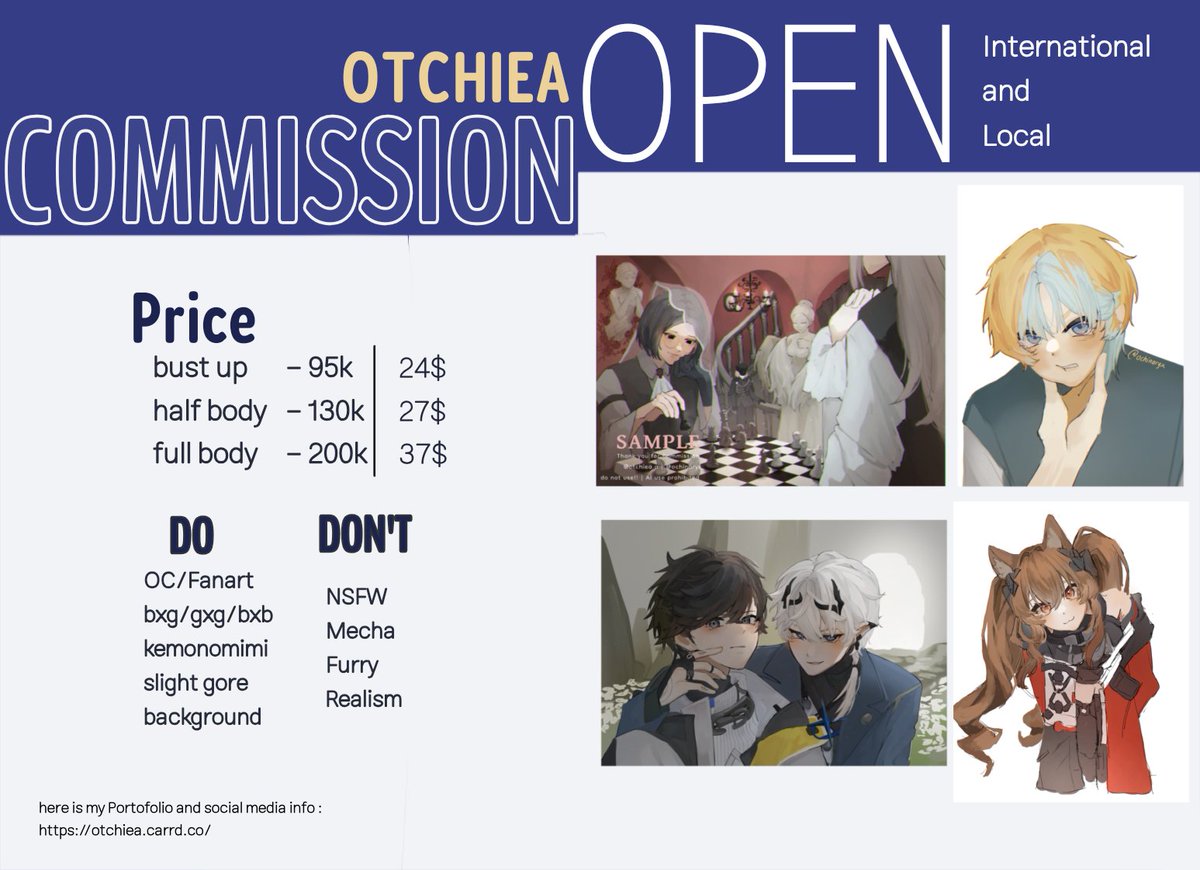 Ochinaryx's tweet photo. ✨️OPEN COMMISSION ✨️
[♡ + ↻ really appreciated!! OwO]

alow i'm open comms for local and international!!
- for local :  DM me!!
- for international : https://t.co/SaaBWL6mW6

feel free to ask me before ordering!!
[please @ me after DM!]
#VGencomm #OpenCommission https://t.co/NGcejHAs7x