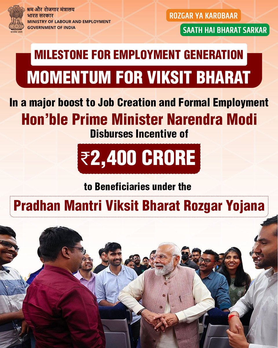 mygovindia's tweet photo. A significant step towards strengthening employment opportunities in India.

PM @narendramodi to disburse incentives worth ₹2,400 crore to beneficiaries under the Pradhan Mantri Viksit Bharat Rozgar Yojana at Vigyan Bhawan, New Delhi. This initiative will further strengthen employment opportunities and empower India's workforce. 

Know more about the scheme: https://t.co/Agule9ZQ9L

#PMViksitBharatRozgarYojana
