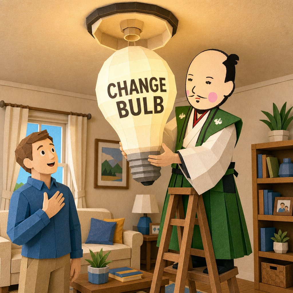 japan_nobunaga's tweet photo. In America, a stranger will offer to replace your lightbulb.

There was a dark hallway in my friend's house. I looked. He looked. His wife looked. A single dead bulb held us all hostage.

This was not a mere inconvenience. This was a challenge. A test of the dwelling's collective resolve, a trial of its very spirit. And they, its inhabitants, had clearly failed the first round.

"The bulb's out," my friend sighed.

"Indeed," I replied, already moving. "A dark omen, if left unaddressed."

His wife, ever the pragmatist: "We just haven't gotten around to it."

"Around it?" I clutched the new bulb like a sacred artifact. "Madam, this is not a chore to circumvent. This is a covenant, demanding immediate fulfillment!"

I procured a stool. Then, deeming its stability insufficient for such a solemn pact, I acquired a step ladder. Finally, to truly honor the gravity of the occasion, I placed both atop a sturdy kitchen table.

"What are you doing?" my friend asked, a tremor in his voice.

I ignored him. A leader does not pause for trivial queries when the fate of illumination hangs in the balance. I ascended the precarious tower, each step a solemn oath.

The fixture beckoned. I reached. The table beneath me, however, began to protest, its ancient joints groaning under the unprecedented strain.

"Seriously, get down!" his wife shrieked.

Too late. I screwed in the bulb with the fervor of a man sealing a national treaty, even as the table's leg gave way with a decisive crack. I completed my sacred task just as the entire edifice collapsed, taking the wall art, a ceramic vase, and my dignity with it.

The bulb glowed. Bright and unblemished.

I lay amidst the splintered wood and shattered pottery, the vase's neck perfectly encircling my head. My friend stared. His wife, after a moment, simply shook her head.

A true leader knows that even the smallest flame can guide a nation, and its maintenance is a shared responsibility.

Never again will this household suffer the indignity of darkness. There is no number of tables, stools, or ladders that can deter me. I will ensure the eternal flame of this dwelling burns bright, without fail.