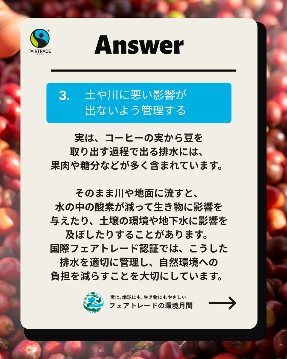 fljp's tweet photo. 【フェアトレードの環境月間】フェアトレード × 環境クイズ🌏

実は、地球にも生き物にもやさしいフェアトレード。

6月の「フェアトレードの環境月間」では、まだまだ知られていない「フェアトレード」と「環境保全」のつながりをクイズでお届けします✨

今回の問題は...

『コーヒーの赤い実からコーヒー豆を取り出す工程で出る汚れた水。この汚水はどうするといい？』

1. 自然の力におまかせして川へ流す
2. 水を減らせるなら、処理はあと回し
3. 土や川に悪い影響が出ないよう管理する

気になる答えは...
スライドしてチェックしてくださいね💚

実は、国際フェアトレード基準には「人と地球を守るための厳しい約束（環境基準）」がセットになっています🤝✨

6月は「フェアトレードの環境月間」。
みなさんも、フェアトレードと環境のつながりを知り、日々の選択肢に「フェアトレード」を加えてみませんか？
商品についている「国際フェアトレード認証ラベル」が目印。ぜひお買い物の際に探してみてください🧑🏼‍🌾🌿

#フェアトレードの環境月間 #フェアトレード #fairtrade #気候変動