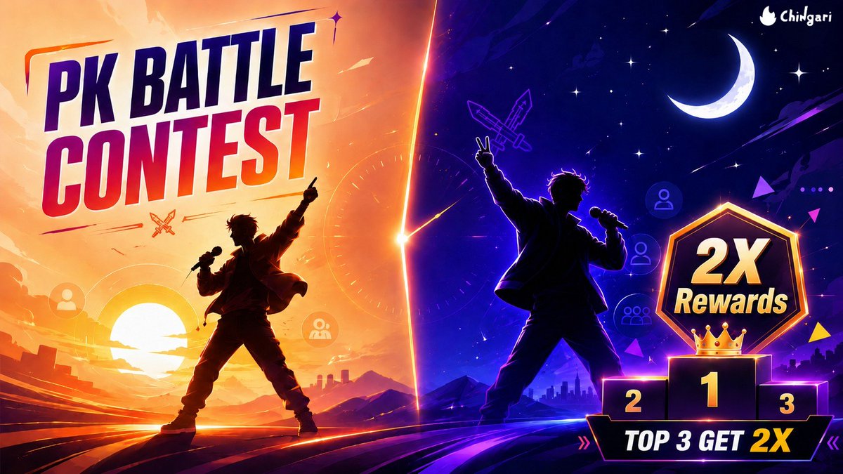 Chingari_IN's tweet photo. ⚔️ Two Battles. One Leaderboard. Double The Rewards.

👉 The PK Battle Contest runs all day, every day, across two epic phases:

🌅 Golden Hour (5:30 AM – 5:30 PM)
🌙 Midnight Madness (5:30 PM – 5:30 AM)

Battle when it fits your vibe. Stack your rewards. Dominate the leaderboard.

🔥 Top 3 creators unlock 2X bean rewards!
👉 Open the Chingari app & enter now.