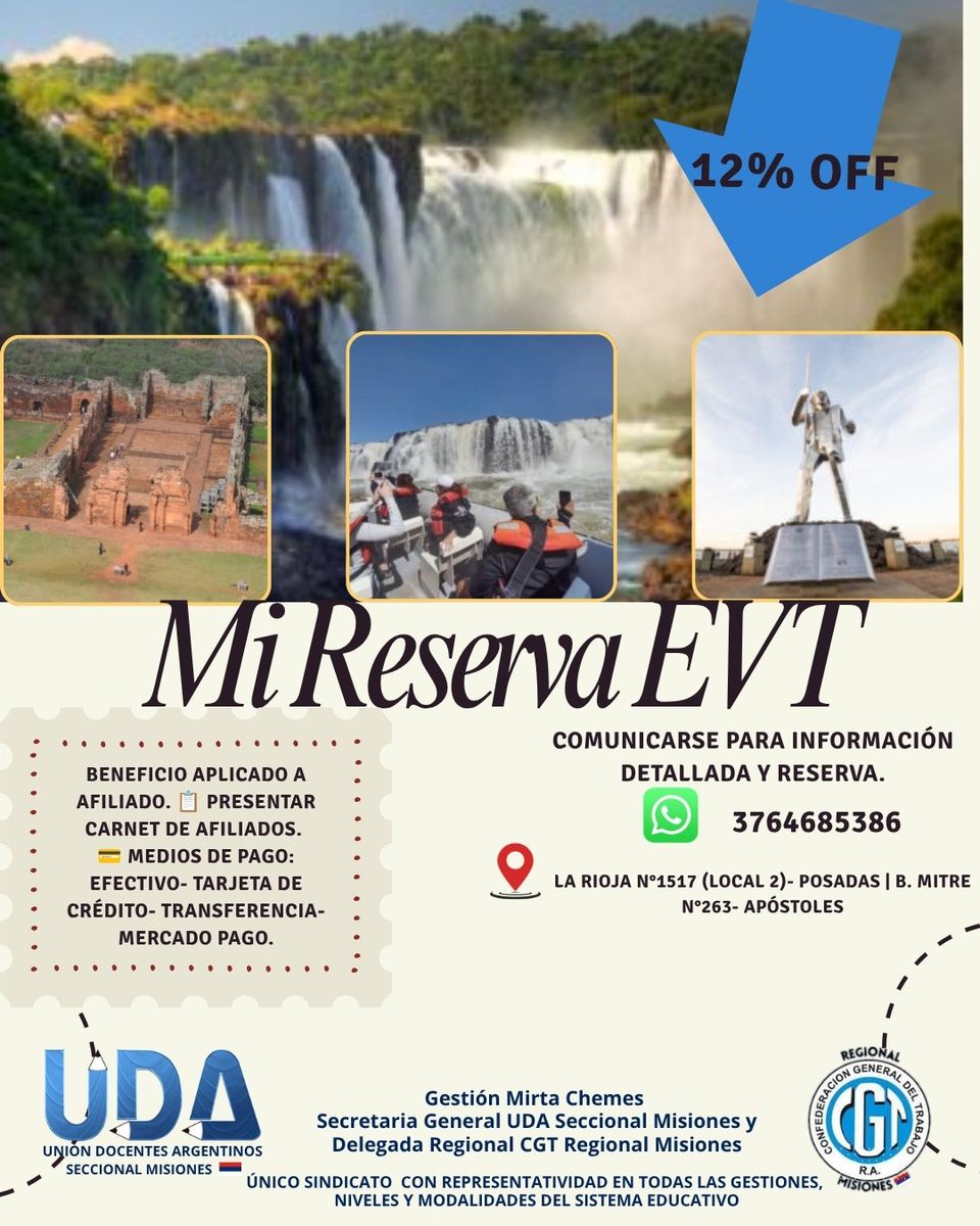 MisionesUda's tweet photo. Desde la Unión Docentes Argentinos (UDA) Seccional Misiones, continuamos sumando beneficios para nuestros afiliados.

Gestión Mirta Chemes
Secretaria General de la UDA Seccional Misiones y Delegada Regional de la CGT Regional Misiones. https://t.co/s8hfwWgbn5