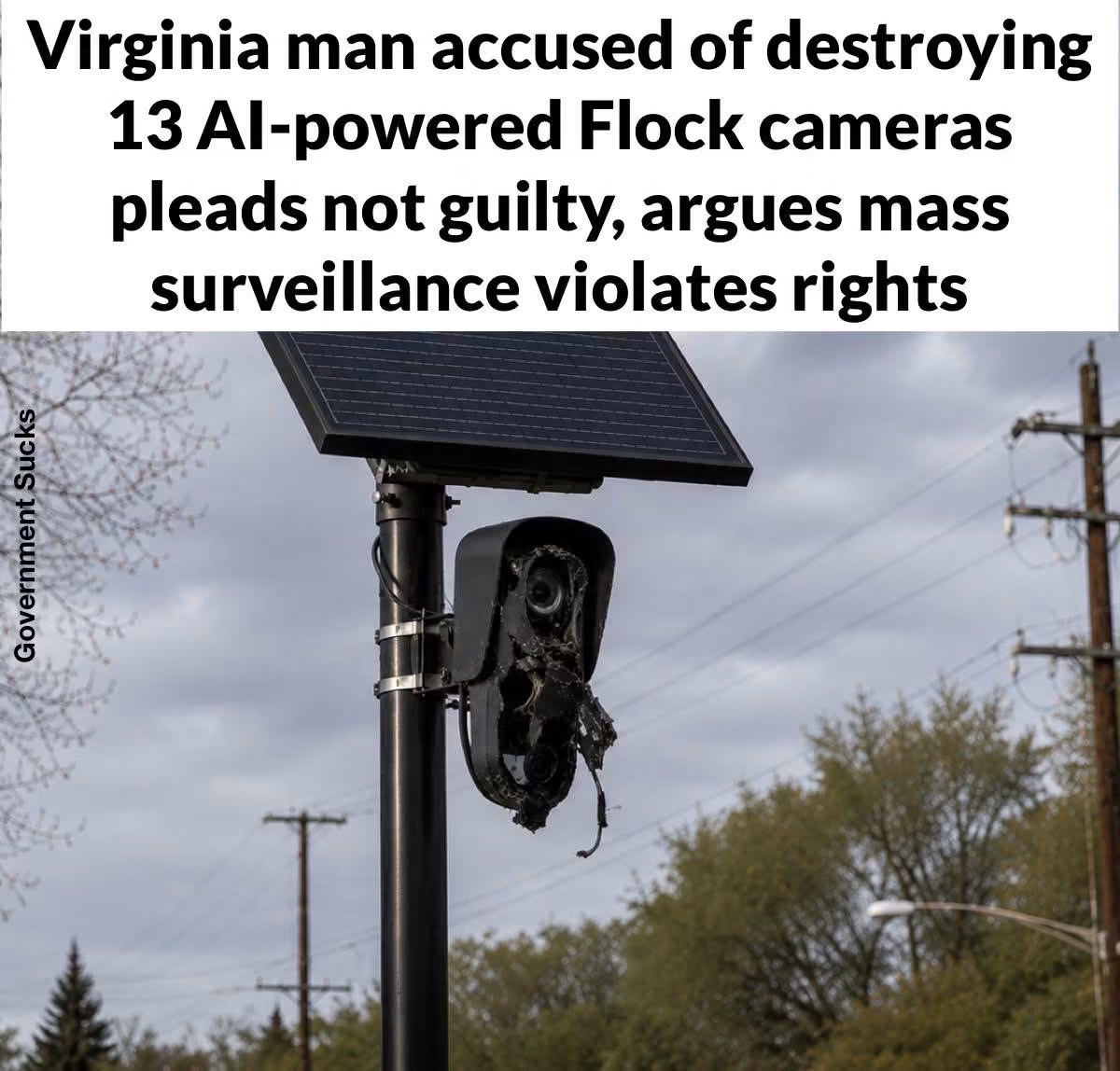 BabyD1111229's tweet photo. A Suffolk County man accused of destroying 13 Flock license plate reader cameras faces multiple felony charges. 

He has pleaded not guilty, arguing the systems are unconstitutional and create an unhealthy surveillance state.

Jeffrey Scott Sovern, a 41-year-old engineer from Suffolk, Virginia. 

Key Facts~

Incident: Between roughly April 1 and October 12, 2025, 13 Flock Safety automated license plate reader (ALPR) cameras in northern Suffolk were allegedly intentionally damaged or dismantled, with parts (including solar panels) stolen from some installations.
 
Charges: He faces 13 counts of felony destruction of property, plus six counts of petit larceny and six counts of possessing burglary tools. Police say he admitted to the acts during the investigation and that a search of his home turned up matching components.  

Plea and Defense: He has pleaded not guilty. 

His position, as described, centers on the cameras being unconstitutional and contributing to an excessive surveillance state. 

Status: Arrested in October 2025 and released. 
The case has drawn attention from privacy advocates who see similar acts elsewhere as resistance to mass surveillance. 

If you do…don’t get caught 😉

https://t.co/3LsbI6JuP6

https://t.co/PpabRvTTBo

https://t.co/WuH37j0A3u