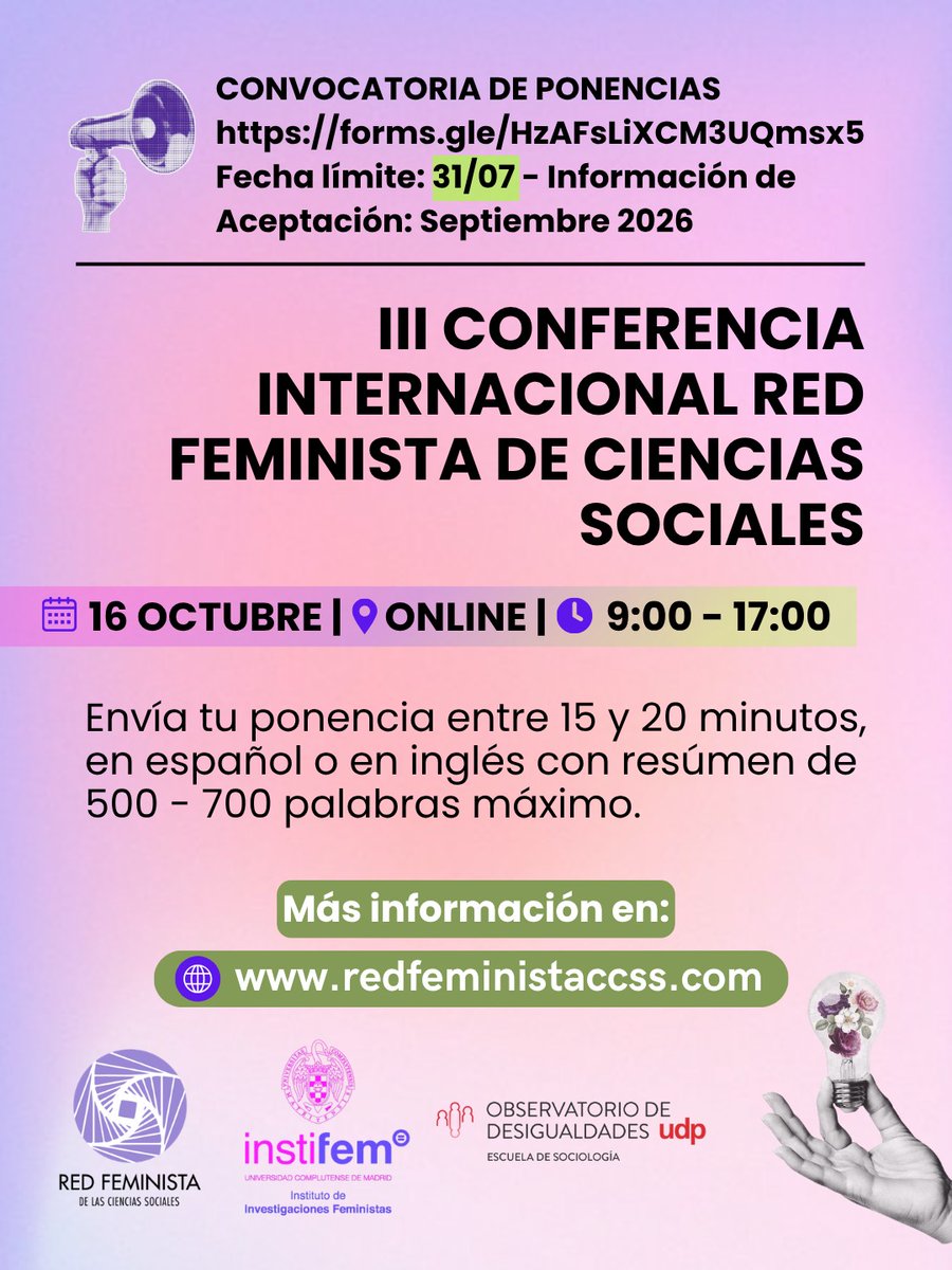 InstifemUCM's tweet photo. 📢 Abierto el plazo para la III Conferencia Internacional Red Feminista de CCSS.💜
Patrocinada por @Instifem_UCM y el Observatorio de Desigualdades UDP.

⏳ Límite: 31 de julio de 2026 🔗 Envío de propuestas aquí: https://t.co/caiSr2ExKK https://t.co/yUBsTMbpFc