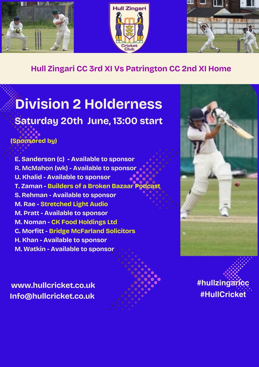 HullZingari's tweet photo. Weekend Teams 
Go well everyone 
#hullzingaricc #hullcricket https://t.co/gS1GUgxtVJ