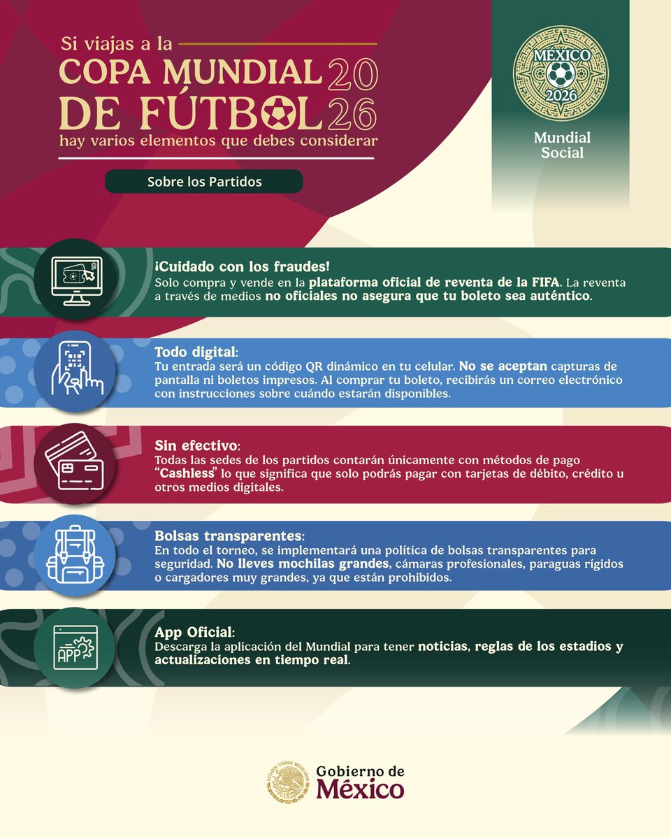 ConsulMexDal's tweet photo. ⚽ Si asistirás a partidos de la Copa Mundial 2026, infórmate antes de ingresar al estadio.

Compra tus boletos solo en plataformas oficiales, lleva tu acceso digital listo y considera que muchos espacios funcionarán sin efectivo.

🏟️ Revisa las reglas del estadio. https://t.co/hQOpTKwi77