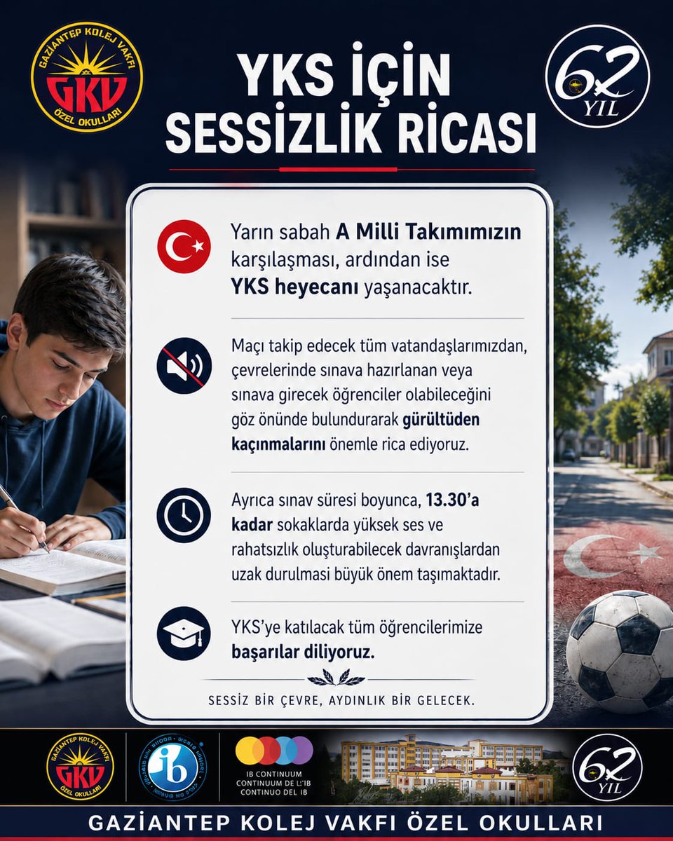 GkvKurumsal's tweet photo. YKS İÇİN SESSİZLİK RİCASI 

Yarın sabah A Milli Takımımızın karşılaşması, ardından ise YKS heyecanı yaşanacaktır.
Maçı takip edecek tüm vatandaşlarımızdan, çevrelerinde sınava girecek öğrenciler olabileceğini göz önünde bulundurarak gürültüden kaçınmalarını önemle rica ediyoruz. https://t.co/qoCx3ALWSO