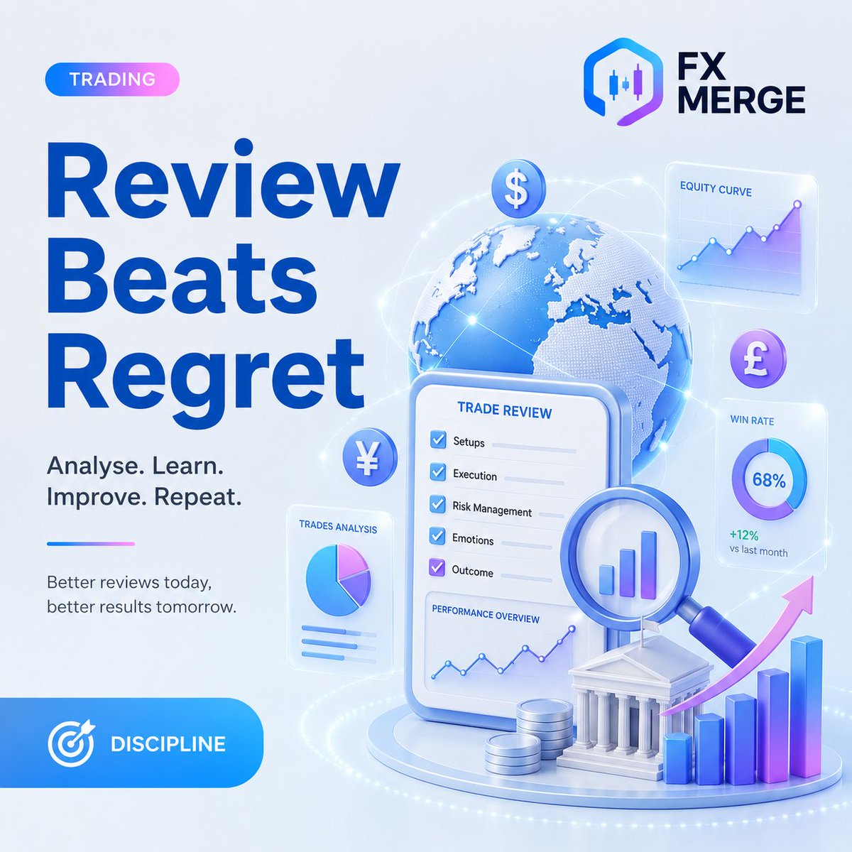 fxmerge's tweet photo. A losing trade is not the problem.

An unreviewed trade is.

Every position leaves information behind.

Why did you enter?
Did you follow the plan?
Was the risk correct?
Was the exit emotional or structured?
Without review, every mistake repeats itself.
With review, even a loss becomes useful data 📊
Good traders don’t only execute.

They study their own execution.

Because progress in trading rarely comes from one perfect setup.

It comes from understanding your decisions better every week 🧠
