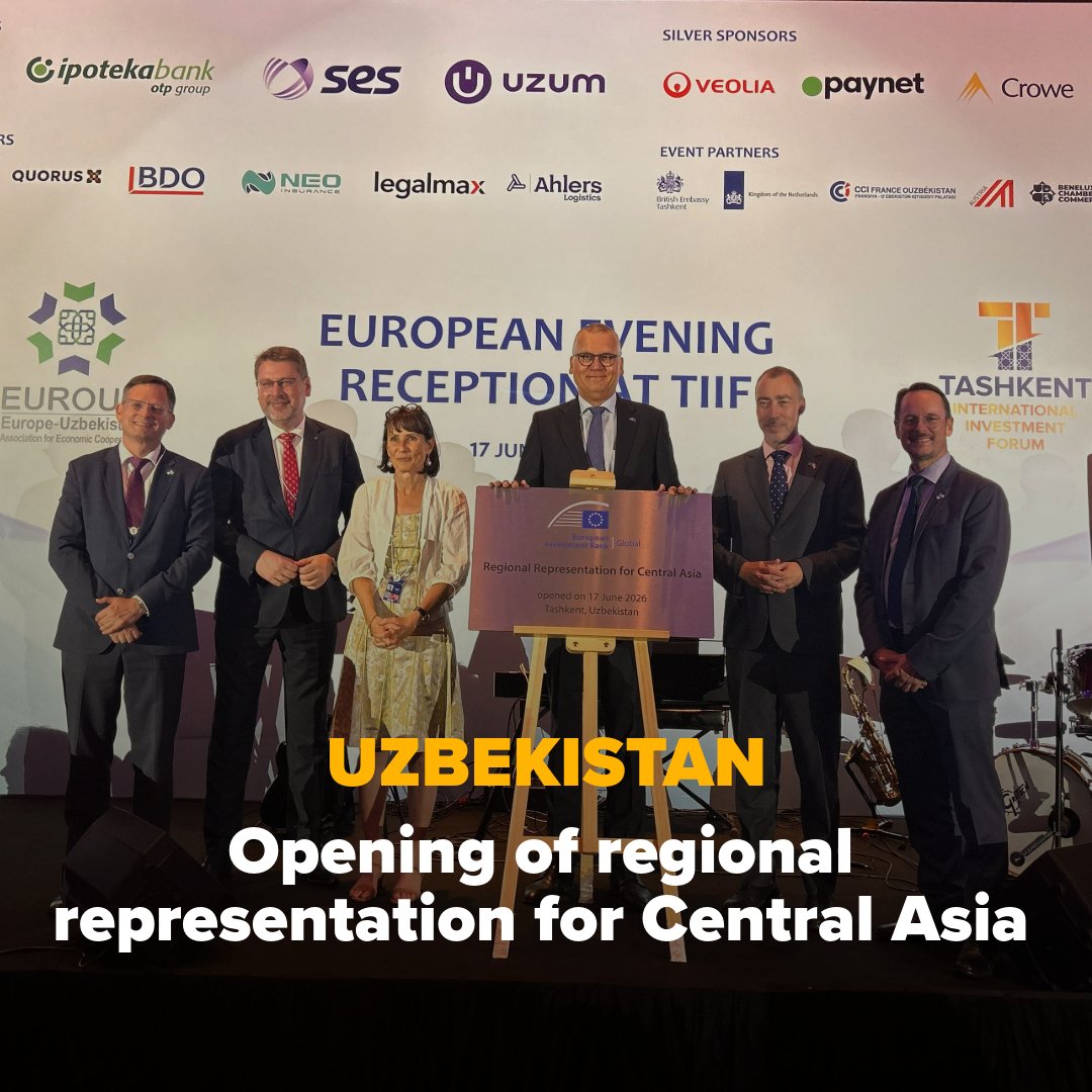 EIB's tweet photo. EIB Global opens its Regional Representation for Central Asia based in 🇺🇿, strengthening the Bank’s presence in the region.

With a project pipeline nearing €3bn, we’re supporting investments in connectivity, climate resilience &amp; sustainable growth.

➡️https://t.co/H6E6Vyseop https://t.co/rVXubwhDqA