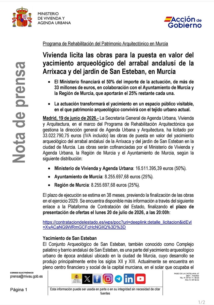 GinesRuizMacia's tweet photo. El Ministerio de @viviendagob ha sacado a licitación las obras de recuperación del yacimiento de San Esteban. 33 M€.

Mientras otros siguen con el ruido, la realidad es incontestable: gracias a este proyecto, donde otros querían hacer un parking, habrá un yacimiento arqueológico musealizado y un jardín.