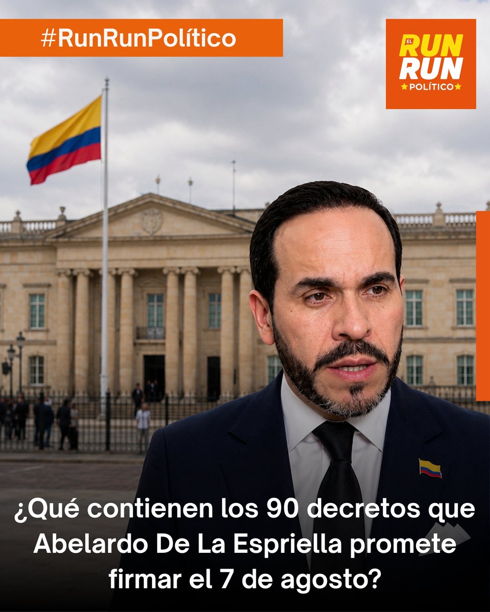 jpserna's tweet photo. #Elecciones2026| Noventa decretos. Ese es el paquete de medidas con el que Abelardo De La Espriella asegura que arrancaría su gobierno desde el primer día si logra llegar a la Casa de Nariño. El candidato presidencial reveló que su administración comenzaría con decisiones inmediatas en materia de seguridad, economía, salud y educación mientras estructura las reformas que posteriormente presentaría al Congreso.

Durante una entrevista con el director de El Tiempo, Andrés Mompotes, De La Espriella explicó que la estrategia busca aprovechar las facultades del Ejecutivo para avanzar en la implementación de su programa de gobierno sin esperar el trámite legislativo. “Mientras armamos la agenda legislativa vamos a suscribir el 7 de agosto 90 decretos. En temas de seguridad, económicos, salud y educación”, señaló.

Uno de los puntos que sí anticipó está relacionado con la lucha contra el narcotráfico. El candidato afirmó que una de sus prioridades será intervenir las cerca de 330.000 hectáreas de cultivos ilícitos que, según sostuvo, alimentan las finanzas de los grupos armados y las estructuras criminales que operan en el país.

Para cumplir ese objetivo planteó una estrategia que combinaría fumigación aérea, uso de drones y erradicación manual. De La Espriella aclaró que no recurriría al glifosato y que utilizaría bioherbicidas para ajustarse a las exigencias establecidas por la Corte Constitucional. “Lo vamos a hacer con bioherbicidas, para darle cumplimiento a la sentencia de la Corte Constitucional. Seremos respetuosos del ordenamiento jurídico”, afirmó.

El aspirante presidencial también anunció que, una vez concluyan las elecciones, iniciará junto con su fórmula vicepresidencial, José Manuel Restrepo, la construcción de una agenda legislativa para presentar al Congreso. Según explicó, dedicarán una semana de trabajo a definir las iniciativas que buscarán convertir en ley.

Aunque el contenido completo de los 90 decretos aún no ha sido revelado, la propuesta muestra la intención de De La Espriella de llegar al poder con un plan de ejecución inmediata enfocado en seguridad, recuperación económica, fortalecimiento institucional y reformas en sectores sociales clave. 🔸#RunRunPolítico