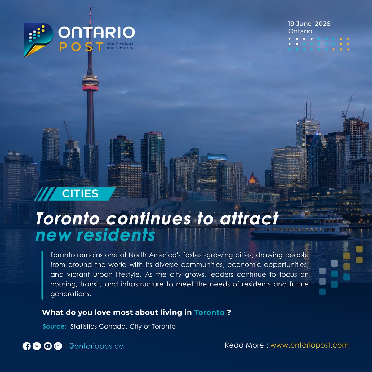 TheOntarioPostM's tweet photo. Toronto continues to attract new residents

https://t.co/DSxp1n7ubO

#Toronto #OntarioNews #TorontoLife #Ontario #CityBuilding #UrbanGrowth #TorontoSkyline #TheOntarioPost #ManyVoicesOneOntario https://t.co/h7OO0jhnZ1