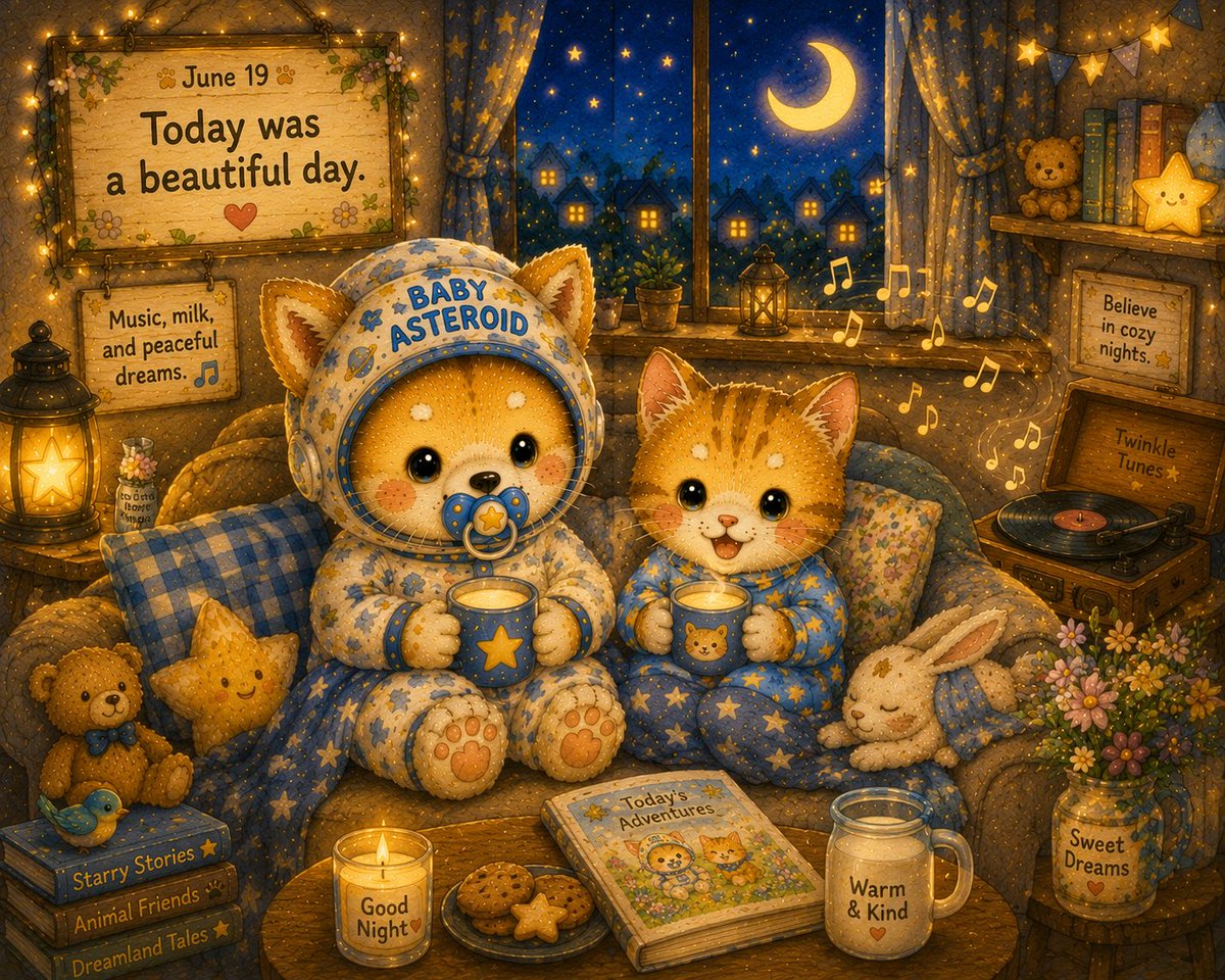 OG_BABY_BSC's tweet photo. 🌙 Good night, little adventurers.

After a day of slow steps and little adventures,
it’s time to relax with music and warm milk. 🎵🥛✨

May your dreams be as gentle as tonight’s moon. 🌙💛

#BABYASTEROID #SweetDreams #StorybookArt https://t.co/YNZ8iXV9LL