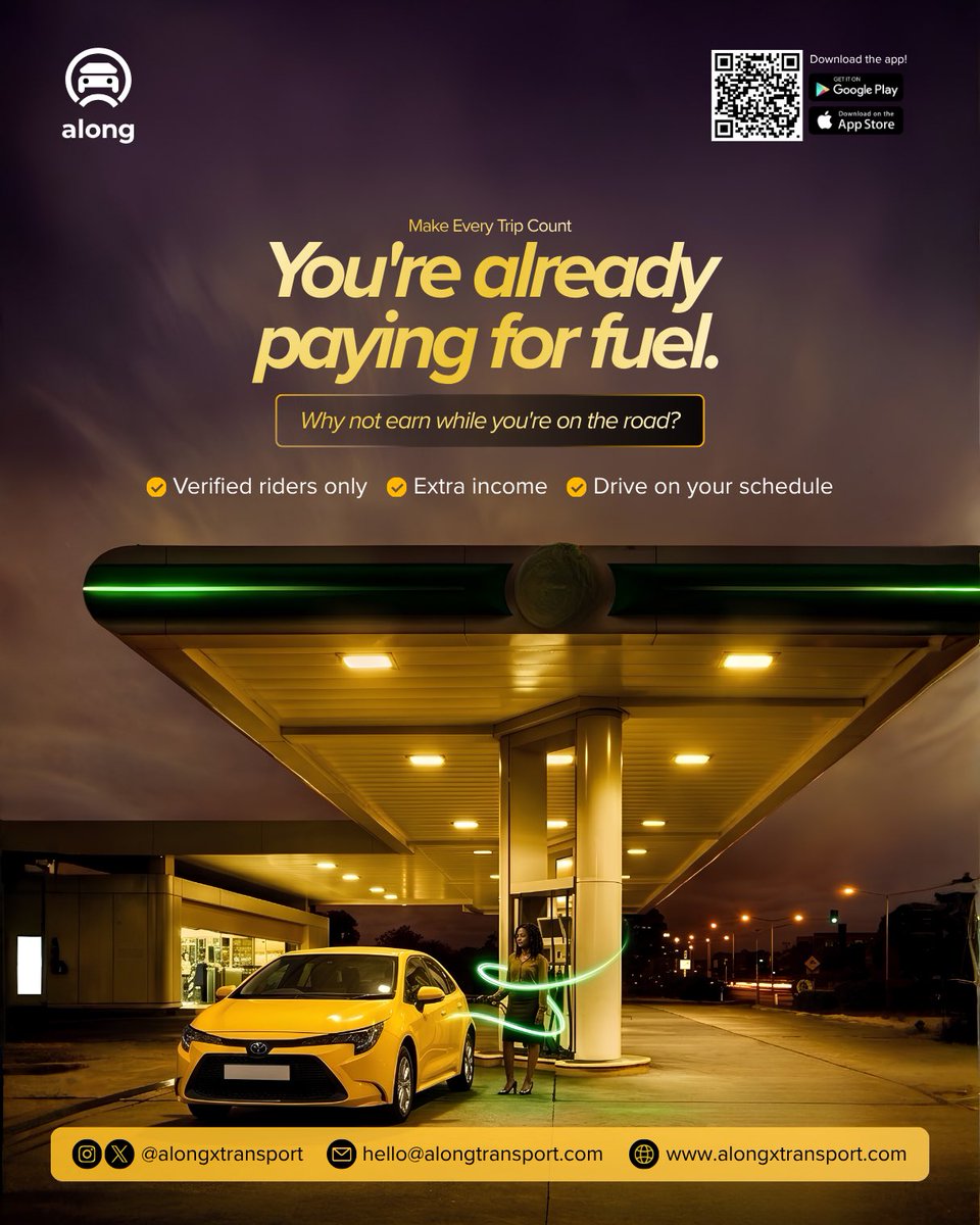 AlongxTransport's tweet photo. What if your daily commute could do more than get you from Point A to Point B?

With Along, you can earn extra income on trips you're already making, help reduce transport stress for commuters, and make better use of the drive you're already taking.

No extra routes. No unnecessary detours. Just smarter journeys. Are you resident in Abuja and ready to turn your commute into an opportunity?
Sign up as an Along Driver today.
#DriveWithAlong #Along #Abuja