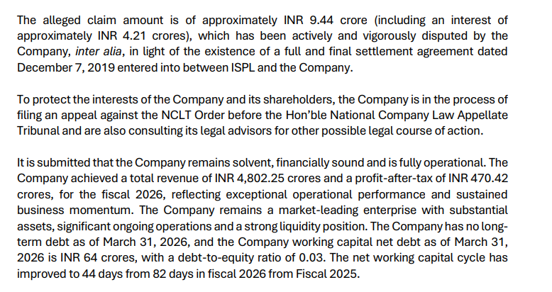 bhrt1971's tweet photo. @yatinmota Finally some clarification from Vikram Solar:

The contested amount is only 9.44 Cr

Vikram Solar generated 640 Cr of cash from operations in FY2026.

It's D/E = 0.20

So nothing to worry :) https://t.co/zTuGaiifZr