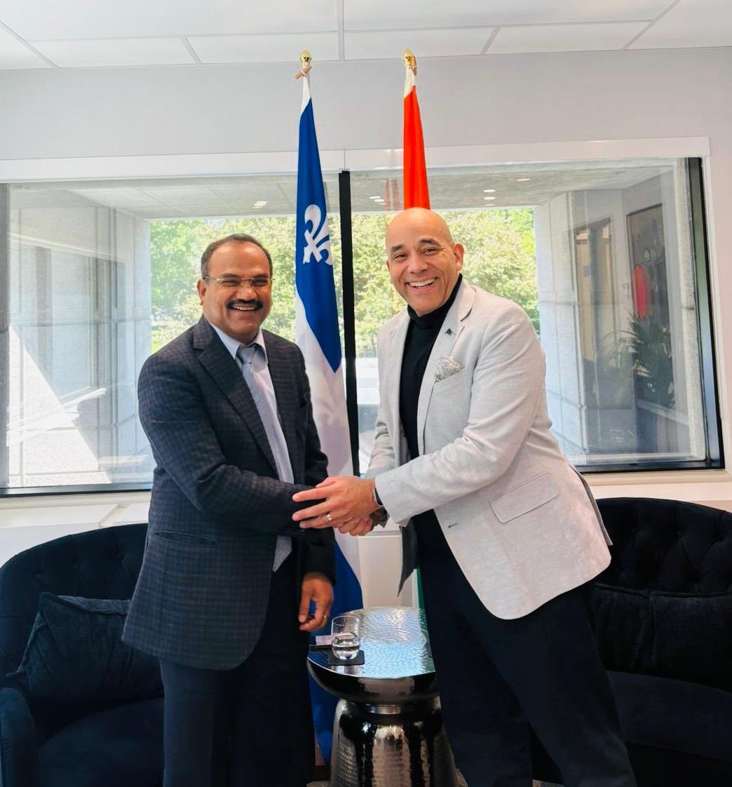IndiainToronto's tweet photo. Consul General @MahavirSinghvii met Hon. @Cskeete, Minister of International Relations and La Francophonie, during  his visit to Québec. Discussions focused on expanding bilateral trade & investment, exploring partnerships in AI, aerospace, life sciences, clean tech and critical minerals, and facilitating cross border investments and business engagements. 

Consul General extended his warm wishes to the Hon. Minister for his upcoming visit to India, that would open new chapters of collaboration, bring business communities closer, and translate the strong foundation of this partnership into enduring and tangible outcomes.

 #IndiaCanada #Quebec #TradeAndInvestment #CEPA #IndiaCanadaTrade

@HCI_Ottawa @MEAIndia @IndianDiplomacy @DoC_GoI @DPIITGoI @MinesMinIndia @MRIF_Quebec @Quebec_India