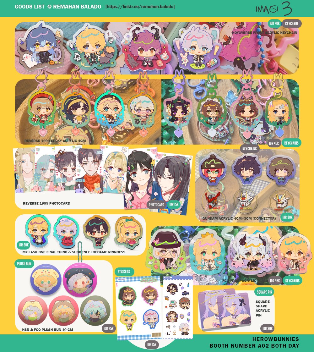 meirin_lyn's tweet photo. My personal catalogue for Imagi 3
Don't forget to visit our booth tomorrow at table A02  Herowbunnies for both day 

Fandom:
R1999, Hoyoverse, Gundam, FGO, AKE, SIBAP, May I Ask One Final Things, Silent Witch
#imagi3  #imagi3catalogue #herowbunnies #cf22aftersale https://t.co/dSOoe0hiIu