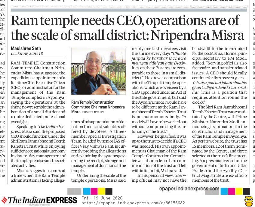 prasannavishy's tweet photo. Ram Temple Construction Committee chief Nripendra Misra says Ayodha temple needs a professional full-time CEO focused on governance, operations, donations, crowd management and long-term planning. Modelled on the lines of Tirumala Tirupati temple administration

He points out that Ram Temple is now operating at a scale comparable to a small district, with nearly one lakh devotees visiting daily.  And a serving government official may lack the round-the-clock bandwidth the role demands for one of the world's most visited religious destinations

As India's great temples grow into institutions serving millions, management matters too.