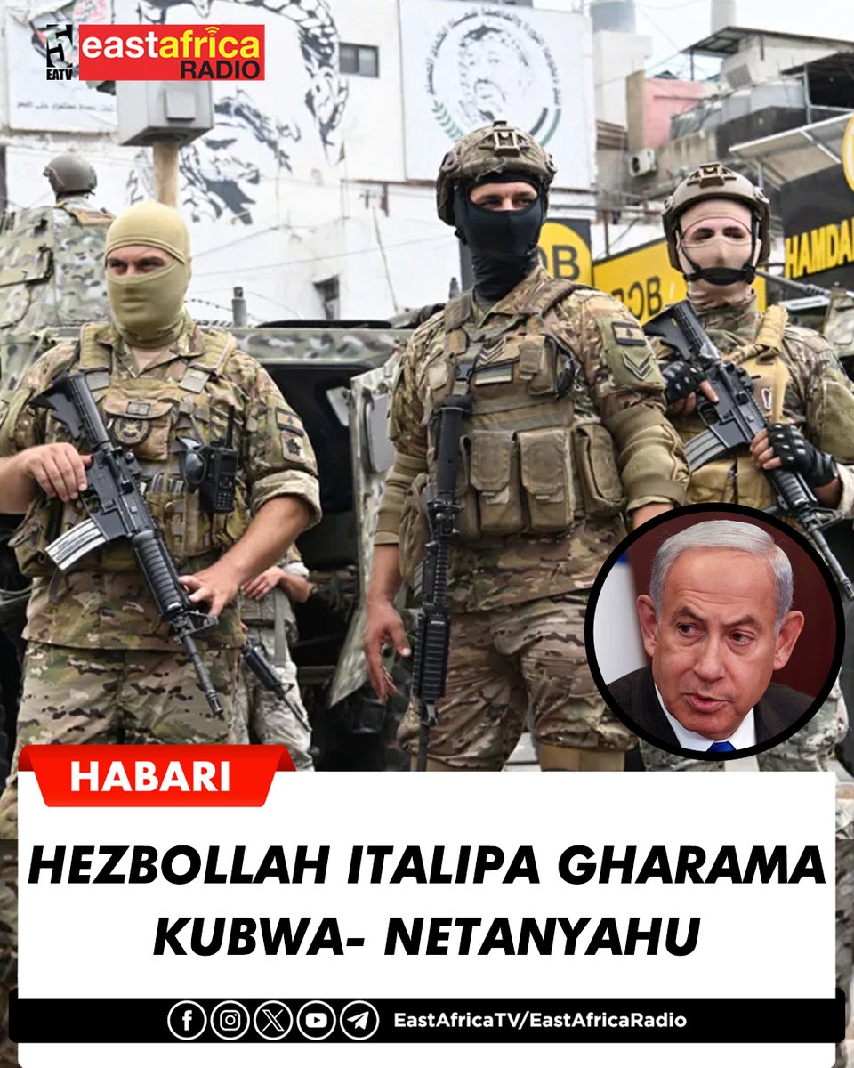 eastafricatv's tweet photo. #HABARI Waziri Mkuu wa Israel, Benjamin Netanyahu, amesema Hezbollah italipa gharama kubwa kufuatia mapigano na mashambulizi ya hivi karibuni dhidi ya wanajeshi wa Israel kusini mwa Lebanon.

Netanyahu alisema alifanya mashauriano ya kiusalama na Waziri wa Ulinzi pamoja na Mkuu wa Majeshi baada ya kile alichokieleza kuwa shambulizi dhidi ya vikosi vya Israel.

Aliongeza kuwa aliliagiza Jeshi kujibu kwa nguvu, akidai kuwa takribani maeneo 80 yaliyolengwa  yanayohusishwa na Hezbollah yalishambuliwa na makumi ya wapiganaji kuuawa.

Aidha, alisema Jeshi lililenga kituo cha amri cha Hezbollah katika eneo la Bekaa na kusisitiza kuwa operesheni za kijeshi zitaendelea ili kuzuia vitisho dhidi ya Israel.

Netanyahu pia alisema vikosi vya Israel vitaendelea kuwepo katika kile alichokiita ukanda wa usalama kusini mwa Lebanon kwa muda utakaohitajika kulinda jamii za kaskazini mwa nchi hiyo.
#EastAfricaTV