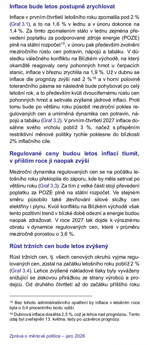 LukasKovanda's tweet photo. Převedení poplatku za obnovitelné zdroje na státní rozpočet letos snižuje inflaci o 0,4 procentního bodu. Plyne to z výpočtů ČNB (viz text a poznámka níže). Takže nebýt současné vlády, je letošní míra inflace o zhruba 20 % vyšší. 

Převedení poplatku je administrativní zásah, který se v meziročním vyjádření míry inflace promítá okamžitě. Není tedy pravda, že by druhá nejnižší inflace v EU nebyla částečně výsledkem kroků nynější vlády.