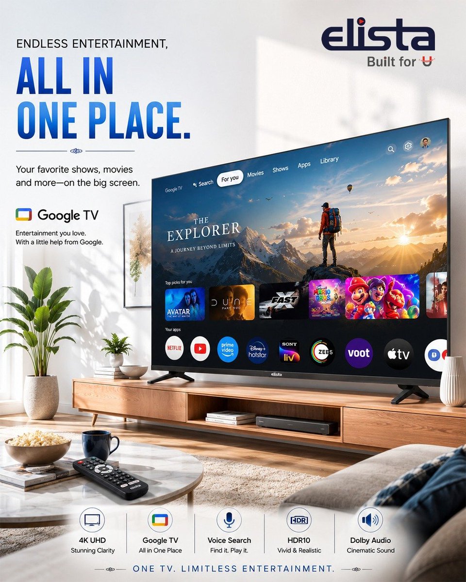 ElistaWorld's tweet photo. Why switch apps when everything you love is in one place? 🎬🍿

Stream movies, shows, sports, and music seamlessly with stunning visuals and immersive sound. Experience the ultimate all-in-one entertainment with Elista Google TV! ✨

#Elista #GoogleTV #SmartTV #HomeEntertainment https://t.co/niAUI8gE2w