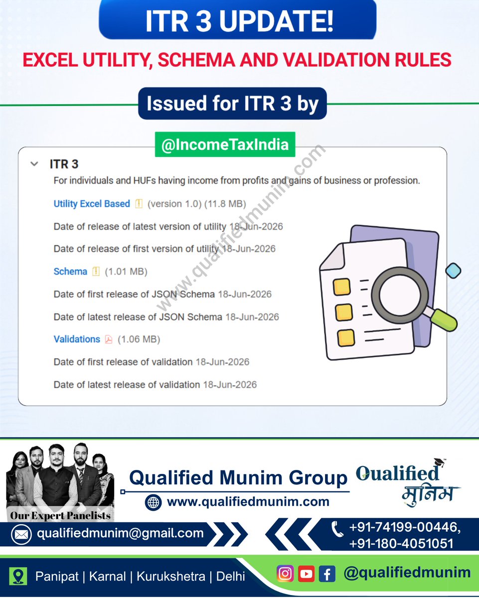 qualifiedmunim's tweet photo. 🚨 ITR-3 Update Alert! 🚨
The Income Tax Department has released the ITR-3 Excel Utility, JSON Schema, and Validation Rules for AY 2026-27. https://t.co/4nBhbgNPkX