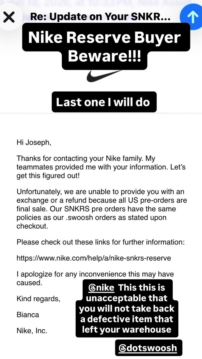AverageJoeShoes's tweet photo. @Nike @dotSWOOSH 
This is how they treat loyal customers. My shoe I did a reserve(preorder) arrived damaged/defective. There policy states defective items can be exchanged/returned but I’m being told the final sale on the preorder overrides the policy. Make this right Nike https://t.co/bwtOH1KRE6