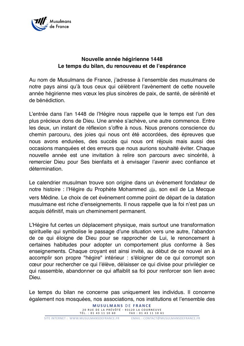 MF_Musulmans's tweet photo. À l’occasion de la nouvelle année hégirienne 1448, Makhouf Mamèche, président de MF, adresse un message d’espérance, de renouveau et de réconciliation.

Une invitation à faire le bilan, à se rapprocher de Dieu et à renforcer nos liens fraternels.

Bonne année 1448 de l’Hégire. 🌿 https://t.co/rTapLdUarf