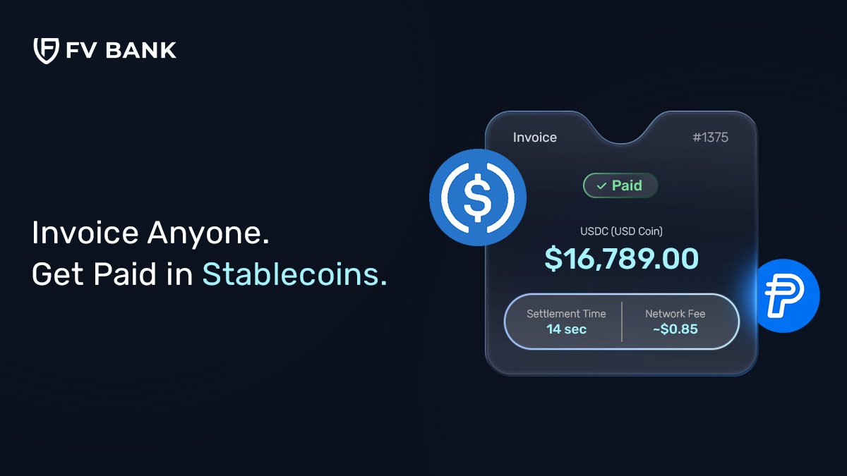 fvbankus's tweet photo. 3/
Launching first:

⚡ Stablecoin Invoicing

Generate itemized invoices directly from your dashboard, collect global payments in USDC & PYUSD, and receive real-time settlement directly into your USD balance.

Eliminate multi-day delays and hidden legacy wire fees.

🔗 https://t.co/3JUisSJ6eh