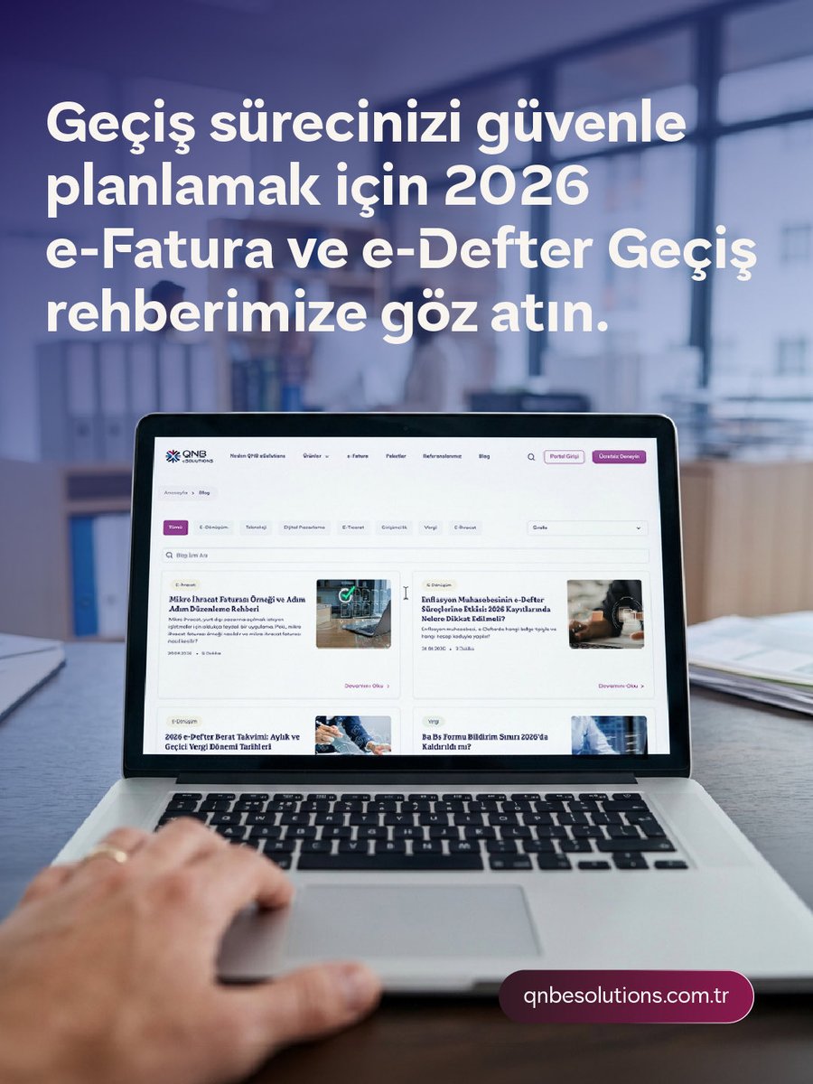 QNBeSolutions's tweet photo. 2026 e-Fatura ve e-Defter geçiş süreciniz hazır mı? 📅

2026 yılına ilişkin geçiş kapsamı, ciro limitleri, başvuru süreçleri ve dikkat edilmesi gereken kritik detayları tek bir rehberde sizin için derledik. 📑

Geçiş sürecinizi planlamak için blog yazımıza göz atmayı unutmayın! 💻

Blog yazımıza https://t.co/kUh1ZfNRn2 linkten ulaşabilirsiniz. ✨