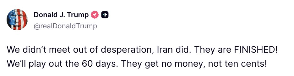 AshCrypto's tweet photo. 🇺🇸 PRESIDENT TRUMP:

"IRAN GET NO MONEY, NOT TEN CENTS!" https://t.co/cswvYNOqdE
