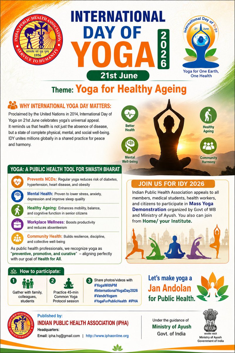 IPHA_OFFICIAL's tweet photo. Let’s make yoga a Jan Andolan for Public Health. Your mat is your first step towards a healthier nation.
#ipha
#InternationalDayofYoga2026 #Yoga365 
#IDY2026 #InternationalDayofYoga
@moayush
@PMOIndia
 #YogaWithPM #YogaForPublicHealth #VandeYoga https://t.co/uAgeydNNs7
