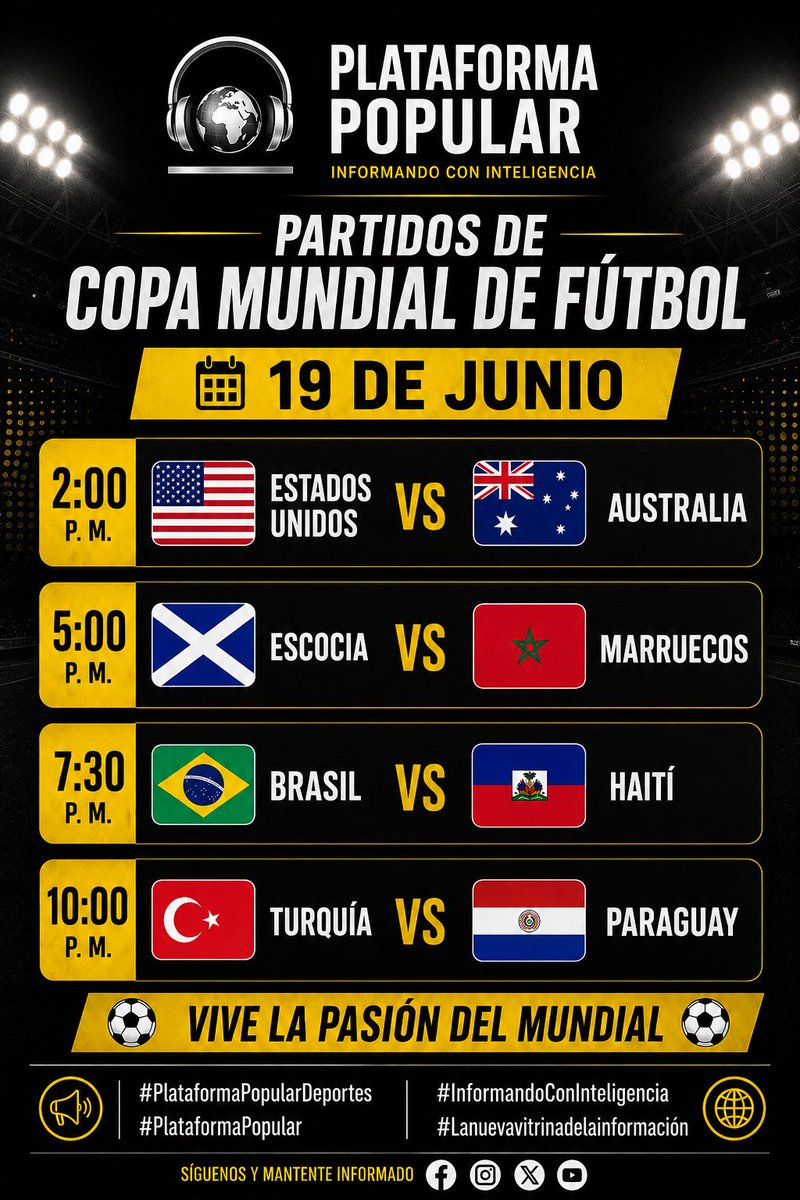 Plataforma_Pop's tweet photo. ⚽🌎 ¡El Mundial no se detiene! 🌎⚽
Este 19 de junio viviremos otra jornada llena de emociones con selecciones históricas y partidos que prometen espectáculo de principio a fin ⚽🏆🌎
#PlataformaPopularDeportes #PlataformaPopular #InformandoConInteligencia https://t.co/A5Fg97s50h