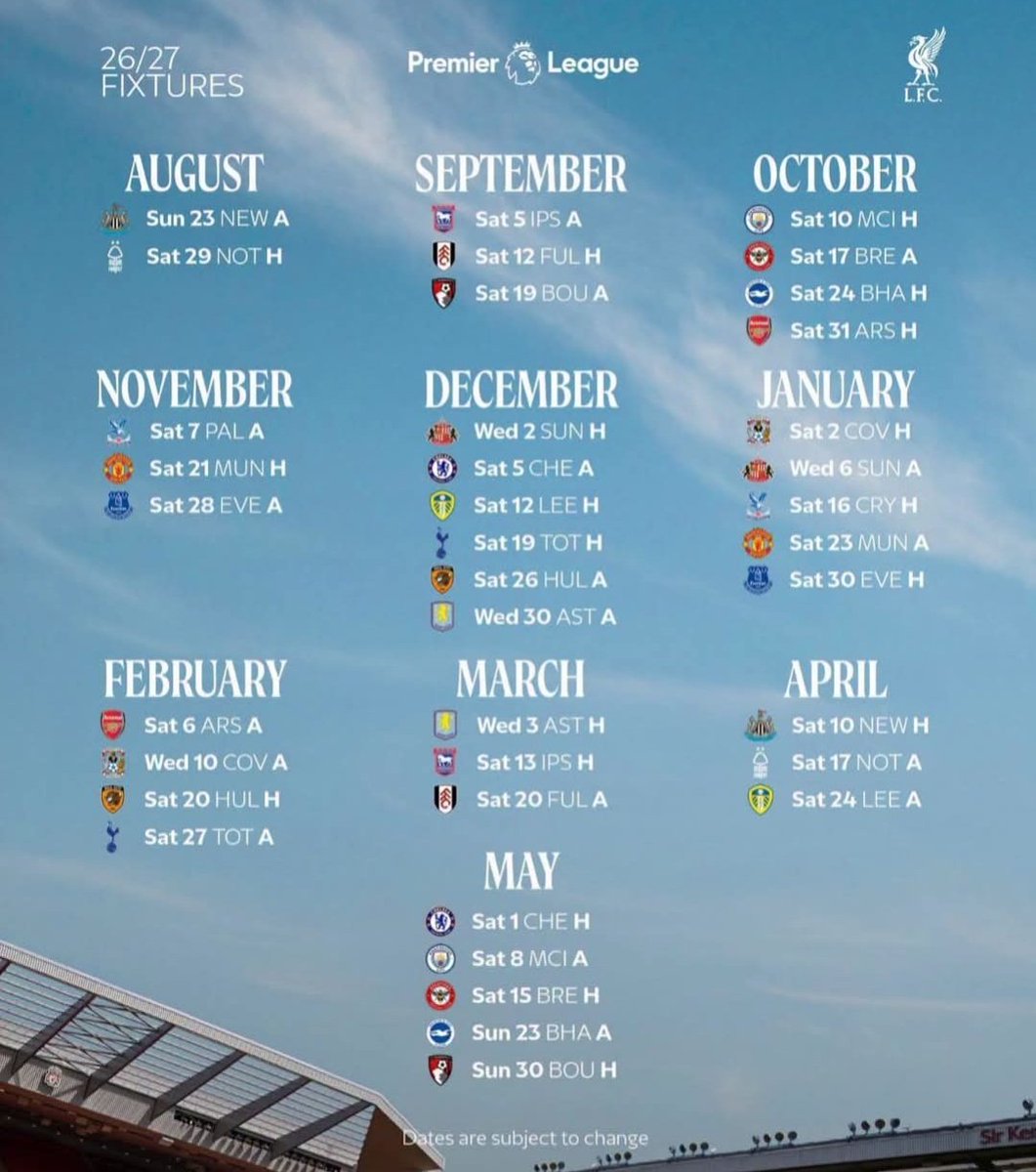 OluchiNdubisi2's tweet photo. Liverpool fixtures for 2026/2027 season.
#Liverpool #PremierLeague #football https://t.co/h2FwxOrpCd