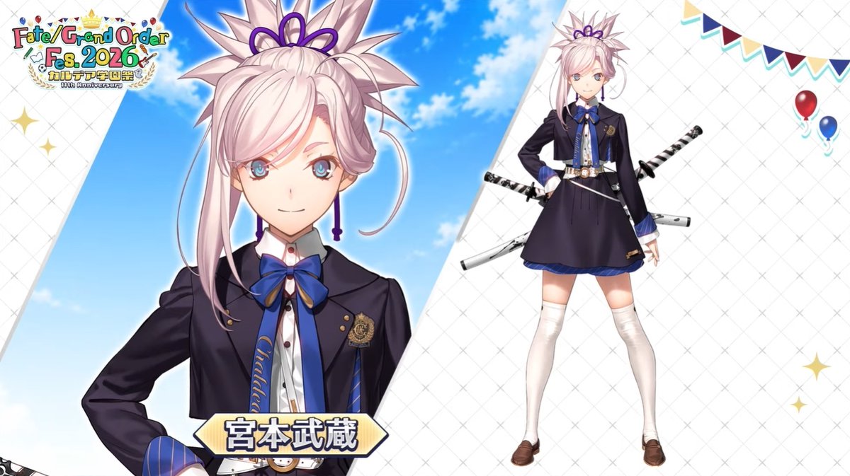 denfaminicogame's tweet photo. 「FGO Fes. 2026 カルデア学園祭」の「武蔵ちゃん」描きおろしイラストが公開。巌窟王 モンテ・クリストは副会長として登場
https://t.co/8CCy3JOfdt

・竹刀を持つアーサー〔プロトタイプ〕
・テュフォン・エフェメロス&amp;イプシロンは学園祭に遊びに来た他校の生徒に
#FGO #FGOフェス https://t.co/AIQShHroh1
