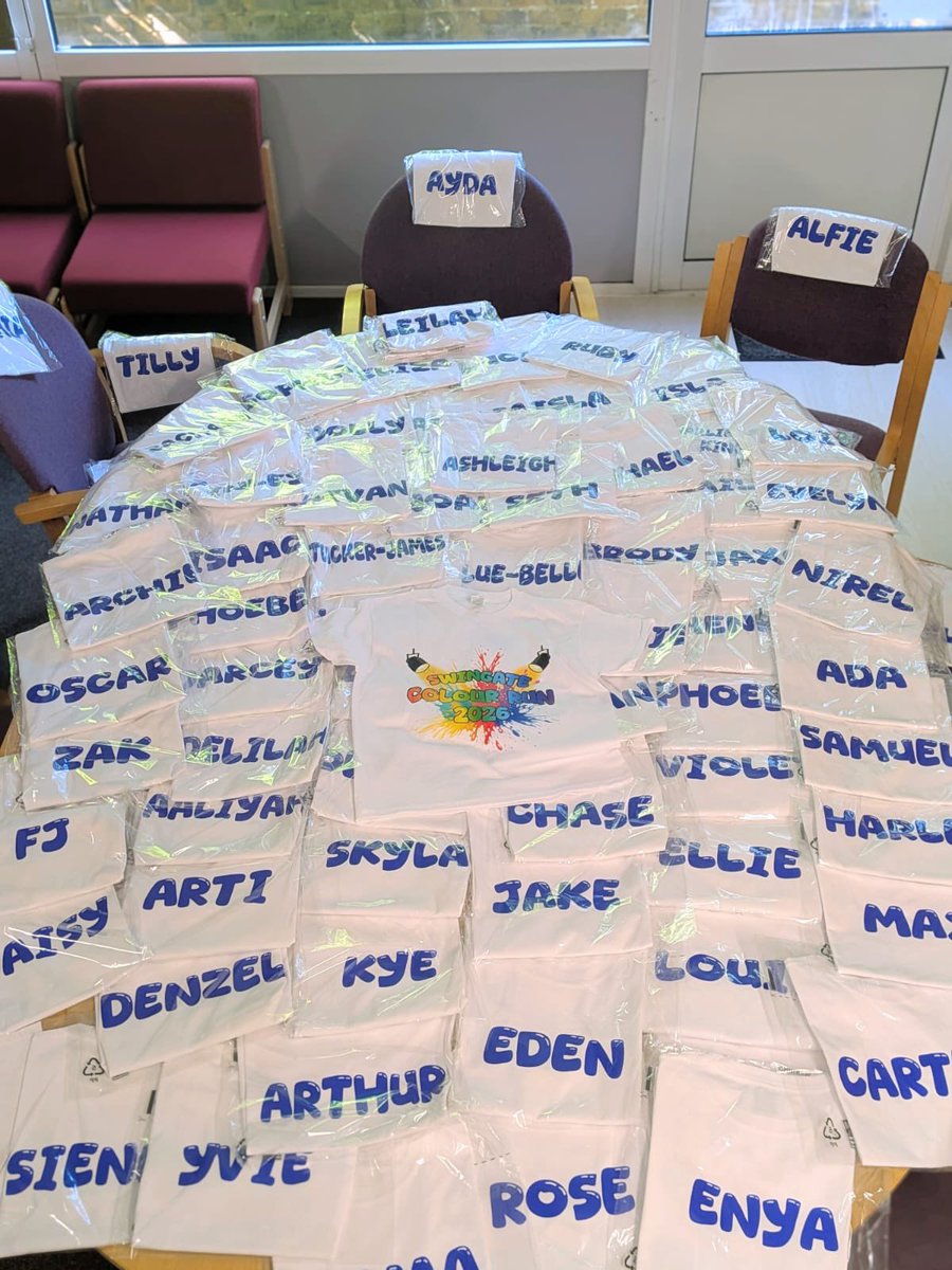 SCCswingatePTA's tweet photo. The first batch of colour run t shirts have been delivered! Don’t worry if you haven’t got yours yet, we’re processing orders all the time and the deadline is 28th June 2026. @SwingatePrimary https://t.co/QyvoxiZiws