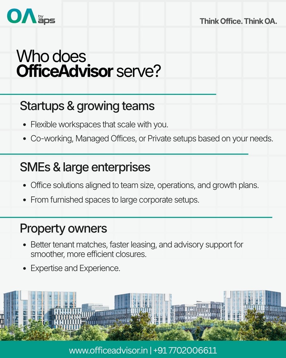 officeadvisor1's tweet photo. Your workspace isn't just a location, it's a growth strategy!

Whether you're a startup, scaling business, or enterprise, Office Advisor matches you with the right space, every time.

Think Office. Think OA.

#WorkspaceStrategy #CommercialRealEstate #OfficeSpace #OfficeAdvisor https://t.co/RKnRkjyPQ4