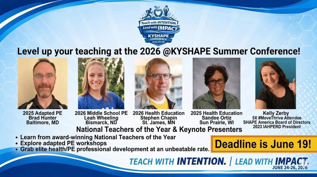 KY_SHAPE's tweet photo. Today is the LAST DAY to register for the 2026 Kentucky SHAPE Summer Conference in Lexington! Join us next week for premier professional learning, inspiring speakers, and amazing networking.
Register today https://t.co/jVtz0Cxph1
#KYSHAPE26 https://t.co/2I7DgJoFZ0