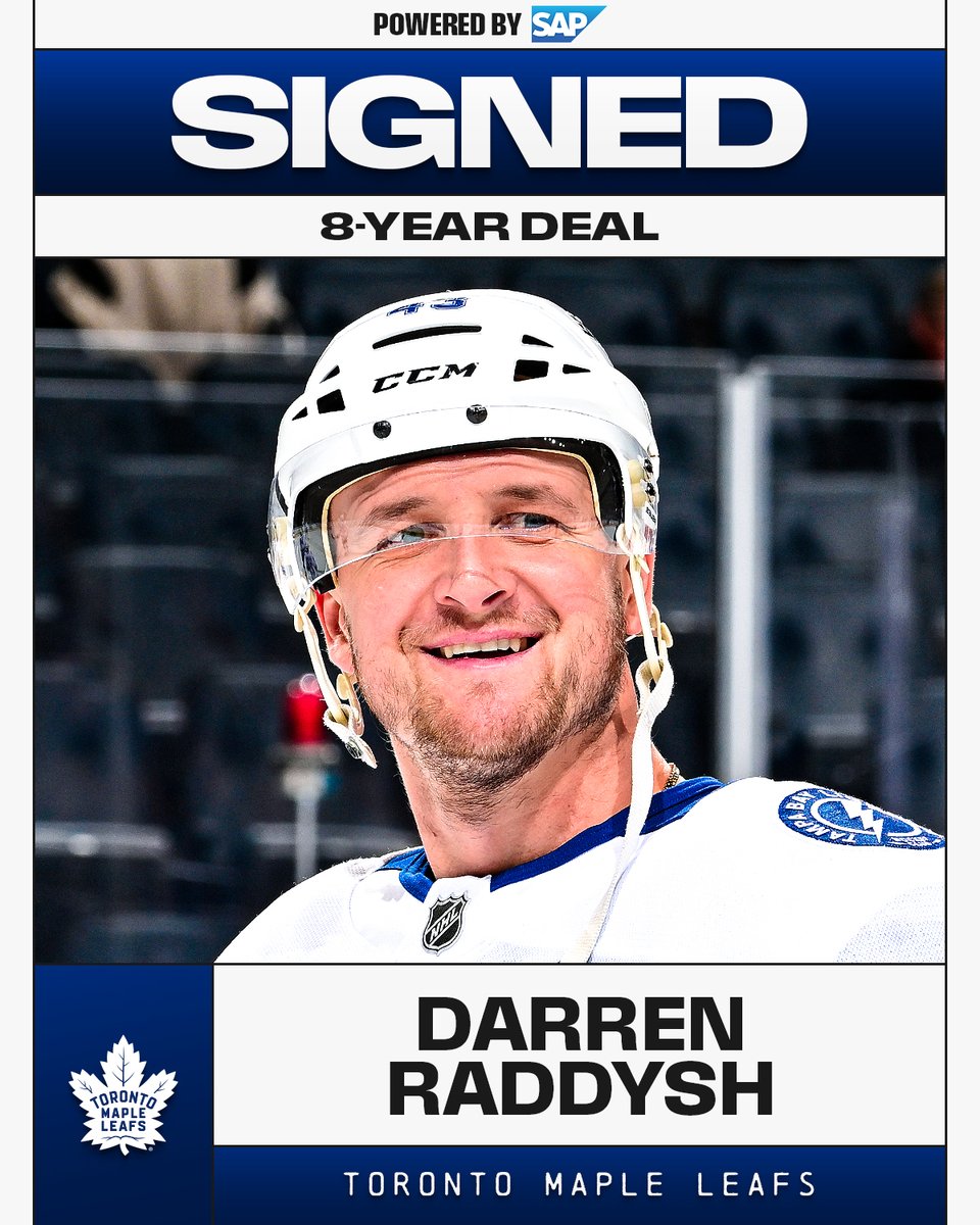 NHL's tweet photo. LEAFS LAND RADDYSH 🍁

Darren Raddysh is heading to the @MapleLeafs with an eight-year contract!

Powered by @SAP https://t.co/C5X5z1Tk29