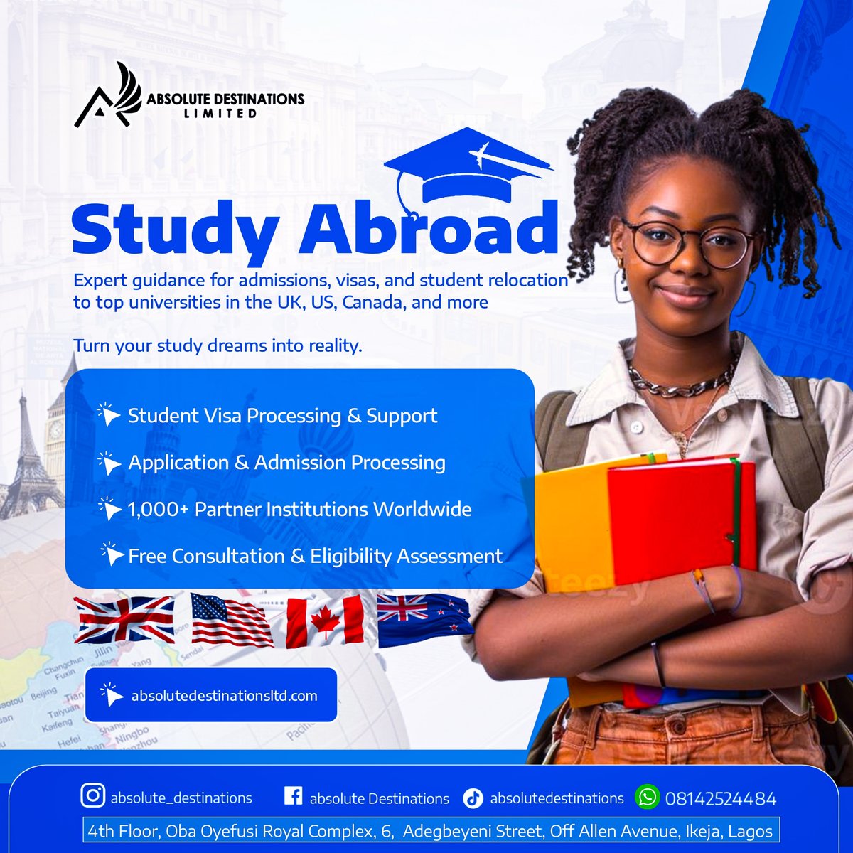 AbsoluteDestin4's tweet photo. ✈️ Ready to study abroad? We are ready to help you! 🎓

Whether you're looking to pursue a diploma, bachelor's, or master's degree, we are here to guide you every step of the way.

✅Access to 1,000+ partner institutions in the UK, USA, Canada, Ireland, Germany, Australia https://t.co/xq4hpjXTs6