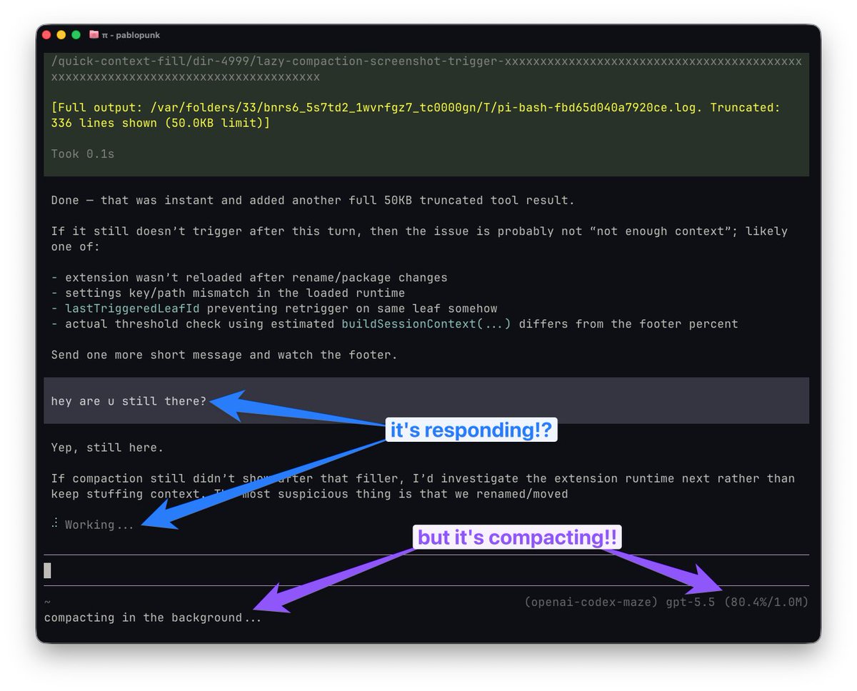 pablopunk's tweet photo. People of pi!

tired of /compact blocking your conversation? me neither, but if you are:

pi install git:https://t.co/Pv0IdzLVee https://t.co/NSvtEoOU9N