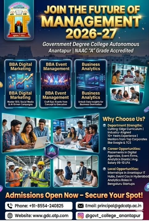 GDC_ATP's tweet photo. Admissions Open 2026–27 | BBA Digital Marketing, Event Management &amp; Business Analytics at Government Degree College (Autonomous), Anantapuramu – Build your future with industry-ready skills! 🎓📈
#Admissions2026 #BBA  #ManagementStudies #Careergrowth #APCCE #ArtsCollegeAnantapur https://t.co/idCWSPoG7e