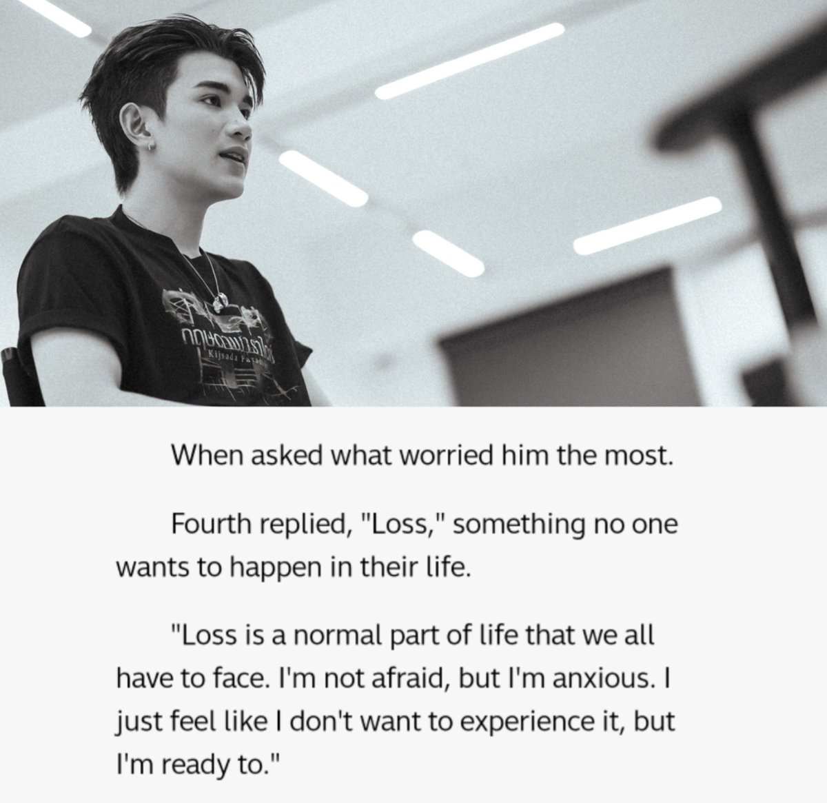 libragirlspace's tweet photo. When asked what worried him the most

Fourth: "Loss. Loss is a normal part of life that we all have to face. I'm not afraid, but I'm anxious. I just feel like I don't want to experience it, but I'm ready to." 😭🤍

#TheMomentum
#Fourthnattawat #โฟร์ทณัฐวรรธน์ https://t.co/qCPOfCE0Pp