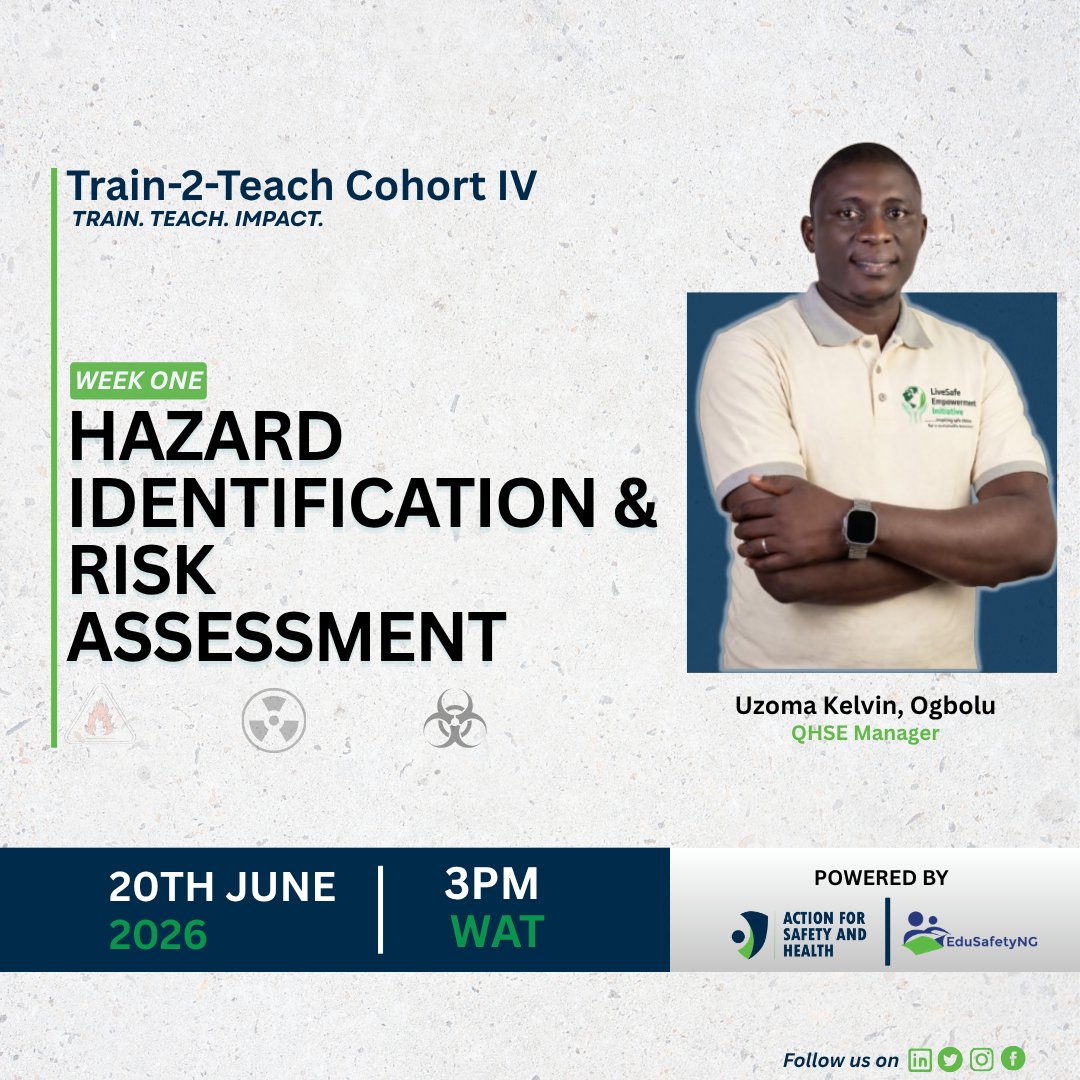 HsePreach's tweet photo. Train-2-Teach Cohort IV begins!
This week's topic: Hazard Identification & Risk Assessment, led by Uzoma Kelvin Ogbolu, QHSE Manager.
Join us as we empower educators to prioritize safety.
Train. Teach. Impact.
#Train2Teach #CohortIV #ASH #EduSafety https://t.co/1gsoEjUUUT