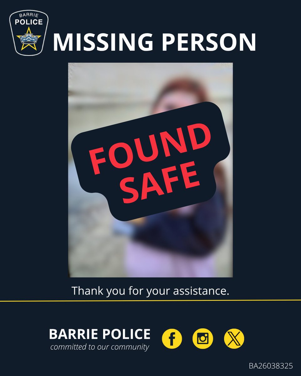 BarriePolice's tweet photo. UPDATE: The missing 13-year-old girl from this morning has been located in good health. https://t.co/U4BPUDHY5v