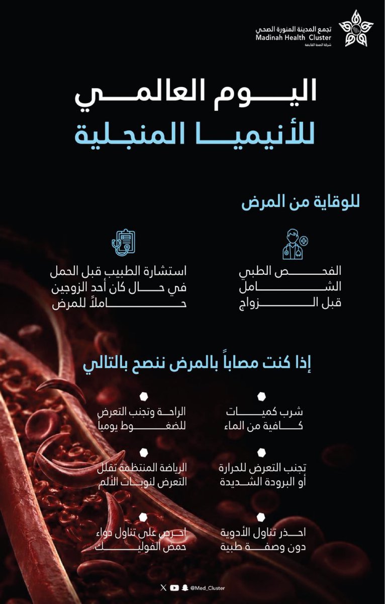 Med_cluster5's tweet photo. في #اليوم_العالمي_للأنيميا_المنجلية، نؤكد أهمية الوقاية والكشف المبكر، واتباع الإرشادات الطبية للحد من مضاعفات المرض وتعزيز جودة الحياة.

#تجمع_المدينة_الصحي https://t.co/AV3xqy2U7o