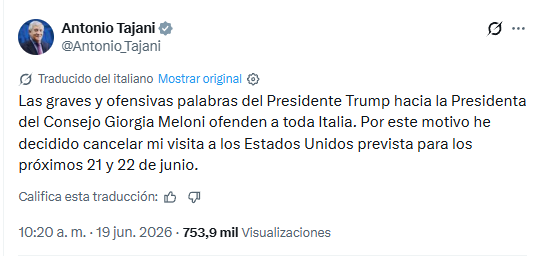 Nexo_Latino's tweet photo. ❗️🇮🇹 Italia cancela visita a EEUU tras polémica declaración de Trump sobre Meloni

🔷El canciller italiano, Antonio Tajani, ha cancelado su viaje a EE.UU. tras la ofensiva declaración del Donald Trump contra la primera ministra Giorgia Meloni. https://t.co/Hj07IcIJR7
