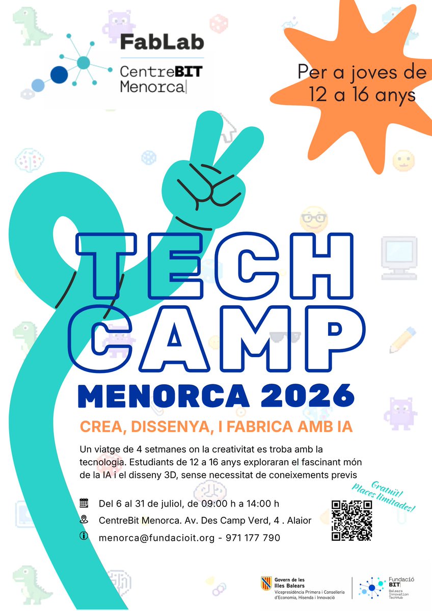 centre_bit's tweet photo. 🚀 Tens fills d'entre 12 i 16 anys? 
Del 6 al 31 de juliol al #FabLab del CentreBit Menorca, us oferim el #MenorcaTechCamp, un campus gratuït per explorar el fascinant món de la IA i el disseny 3D. Sense necessitat de coneixements previs. 
https://t.co/imL5ijJQ0y
T'hi esperam! 🙌 https://t.co/J182HsoQWo